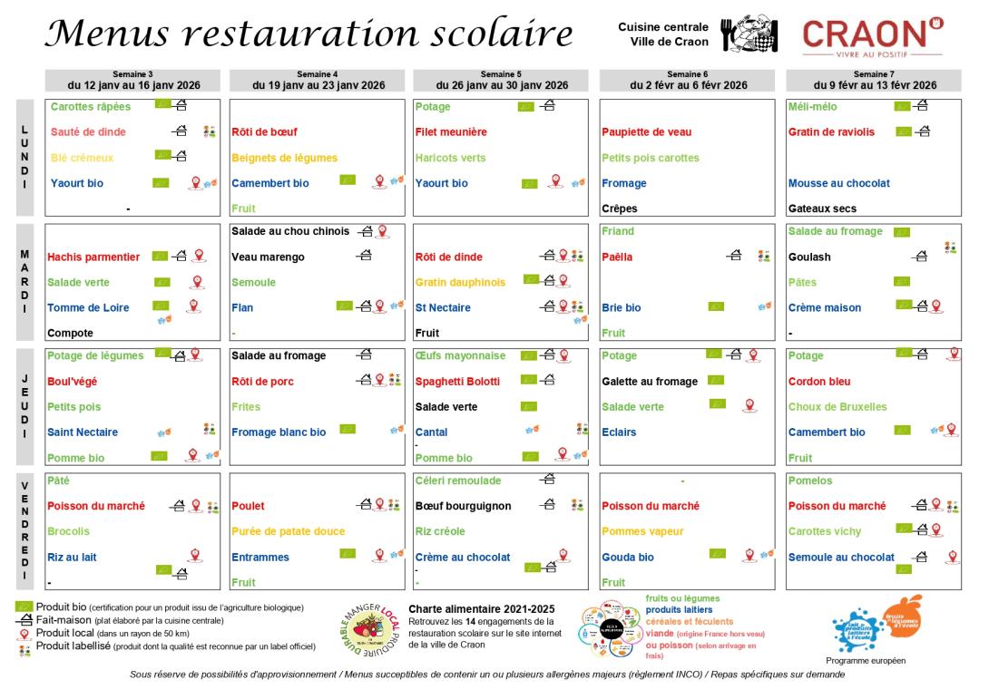 Menus scolaires du 12 janvier au 13 février 2026